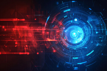 Obraz premium A futuristic blend of red and blue circular tech patterns with glowing effects and motion trails creating a high-tech aesthetic 