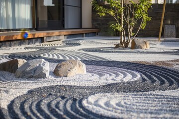 Sand garden designed with smooth stones and intricate patterns, creating a peaceful and tranquil outdoor space during daylight hours
