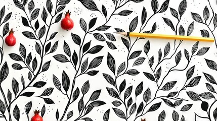   A pencil rests atop a sheet with drawings of leaves and pomegranates