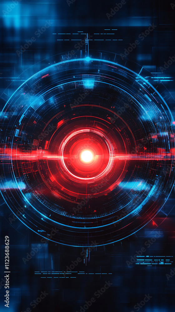 Poster a glowing red digital core surrounded by intricate blue circuits forming a futuristic sci-fi target 