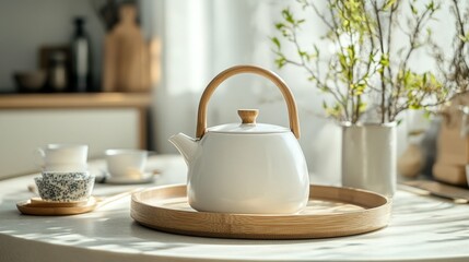 Fototapeta premium White modern ceramic teapot with a wooden handle on a round tray minimalist kitchen background with soft natural lighting