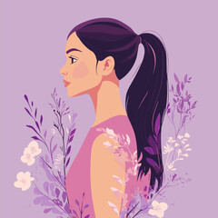 Elegant Profile of a Woman with a High Ponytail, Adorned by Purple Flowers