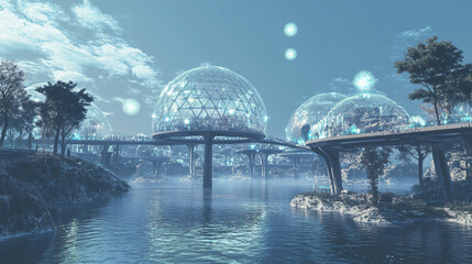 Fototapeta premium A peaceful dome-covered city on a massive asteroid, magnetic bridges connecting living spaces, surrounded by the void.