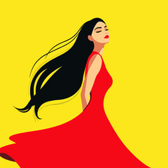 Elegant Woman in Red Dress on Vibrant Yellow Background