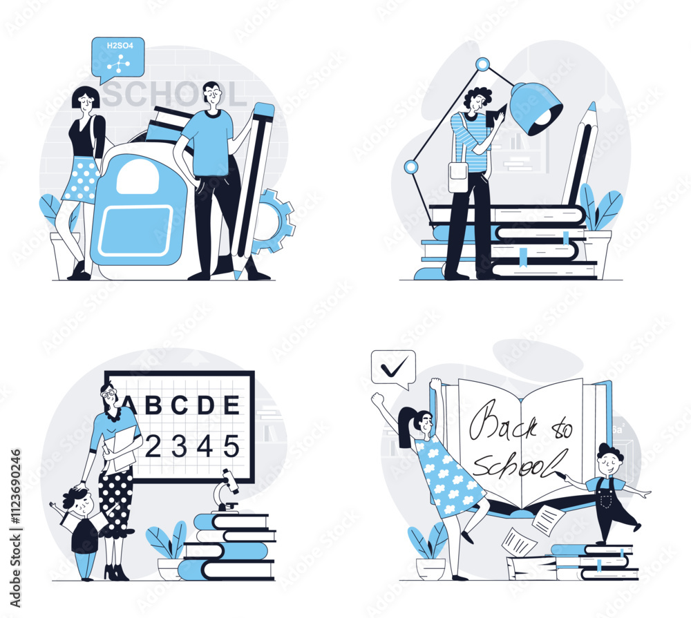 Poster Back to school concept set in flat design for web. Collection with people studying at university or school classes, reading books, doing homework, pupils learning with teacher. Vector illustrations.
