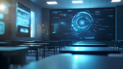 Obraz premium A sleek AI-powered education interface with holographic elements in a classroom.