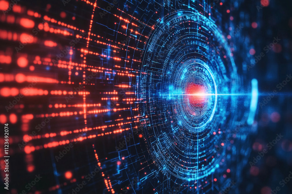 Poster dynamic perspective of red and blue glowing digital elements connected by intricate circuitry with f