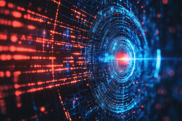 Fototapeta premium dynamic perspective of red and blue glowing digital elements connected by intricate circuitry with futuristic technology vibe 