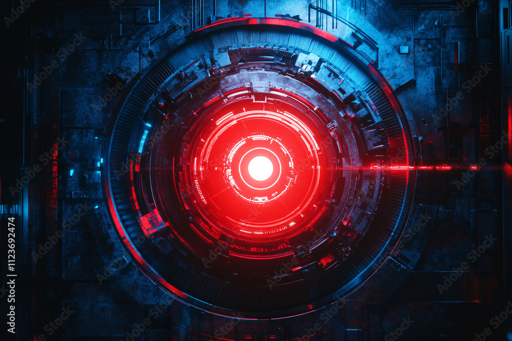 Poster centralized glowing red core surrounded by blue illuminated circuitry in a high-tech futuristic digi