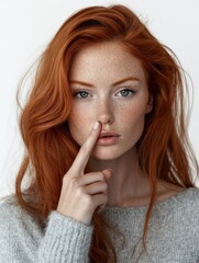 Naklejka premium Portrait of serious red haired female with freckled skin, keeps fore finger on lips, shows hush sign, poses against white background, asks to be quiet. European ginger woman gestures in studio