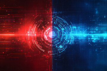 Fototapeta premium symmetrical glowing digital interface split between red and blue light with intricate circuitry and futuristic energy 
