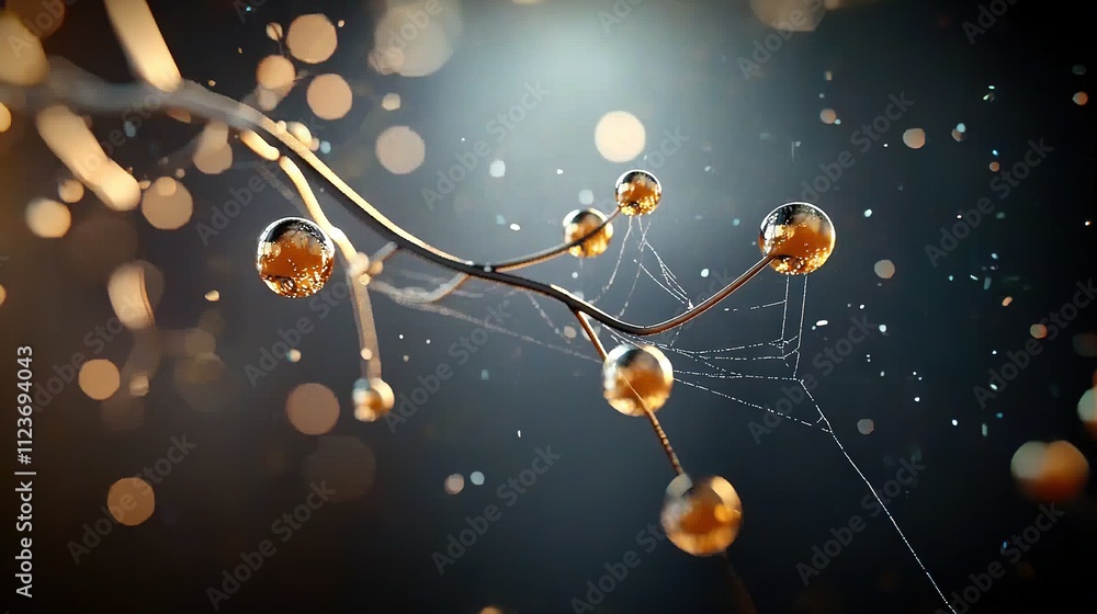 Poster   A macro shot of a spider's web on a tree limb with droplets of water adorning the threads