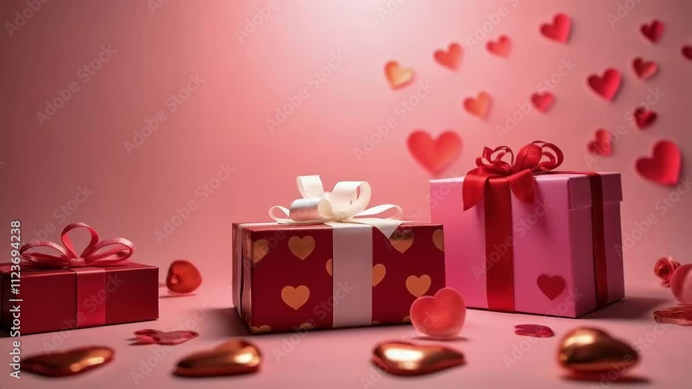 Poster three red and white boxes with red bows on top and hearts on the sides. the boxes are placed on a pi