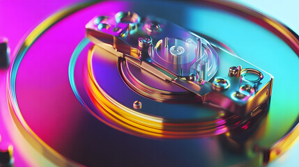 A colorful 3D model of a hard drive showing the spinning disk and read/write head.