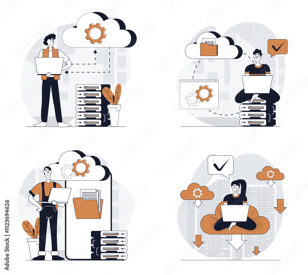 Poster Cloud computing concept set in flat design for web. Collection with people using cloud technology, making sync and data backup, working with database and online files storage. Vector illustrations.