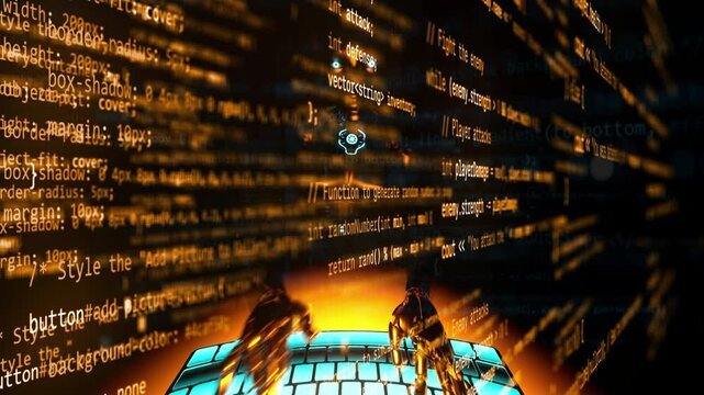 Artificial intelligence robot typing on holographic keyboard. High tech ai animation