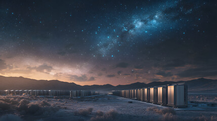 Fototapeta premium A sprawling AI server farm in a desert under a starry sky.