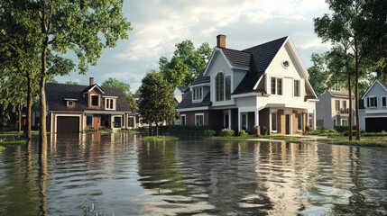 Obraz premium Suburban homes flooded by rising water.