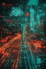 Fototapeta premium Abstract cityscape, glowing lines, digital data streams.