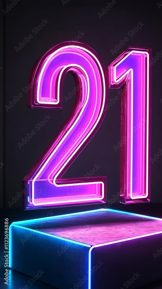 Poster bright neon display of the number 21 illuminated with purple and blue colors in a dark setting