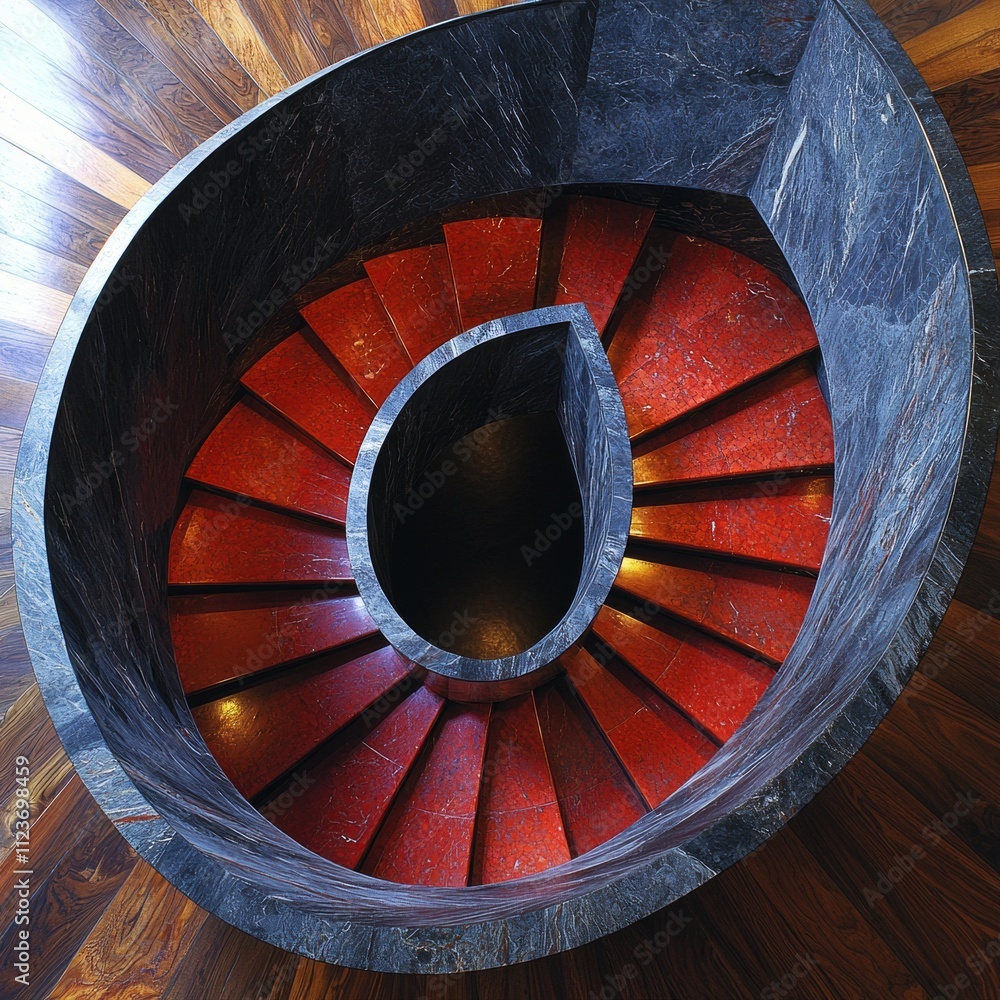 Poster artistic view spiral staircase seen reveals intricate designs and angular lines. composition capture