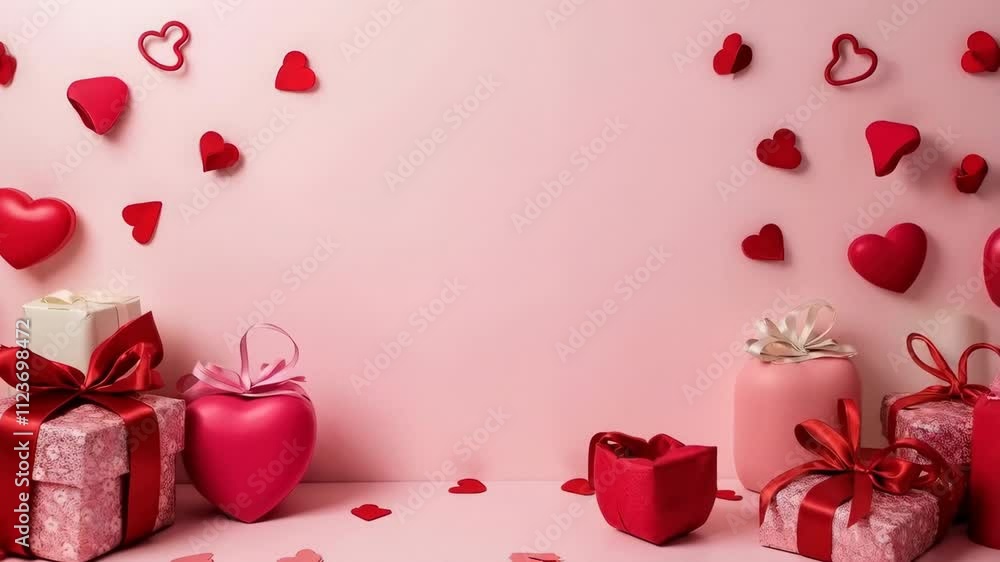 Poster a pink background with a bunch of red boxes and hearts. the boxes are of different sizes and are arr