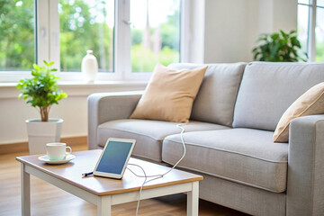 Fototapeta premium Tablet on coffee table in living room with sofa and plants.