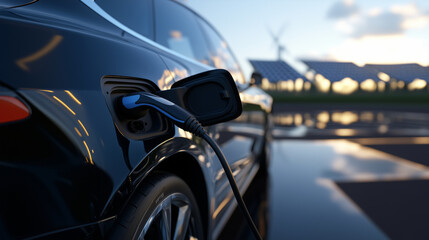 Naklejka premium Close-up of an electric car charging socket with the cable locked in place, a reflection of a solar farm visible on the carâs polished surface