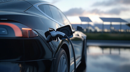 Naklejka premium Close-up of an electric car charging socket with the cable locked in place, a reflection of a solar farm visible on the carâs polished surface