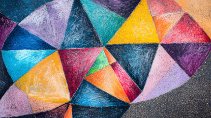 Fototapeta premium A vibrant chalk drawing of geometric patterns on a sidewalk created during a street art festival.
