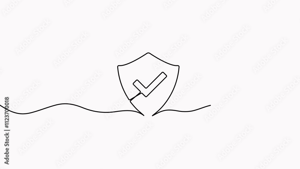 Poster shield with checkmark continuous line art animation. protect linear symbol. guard badge hand drawing