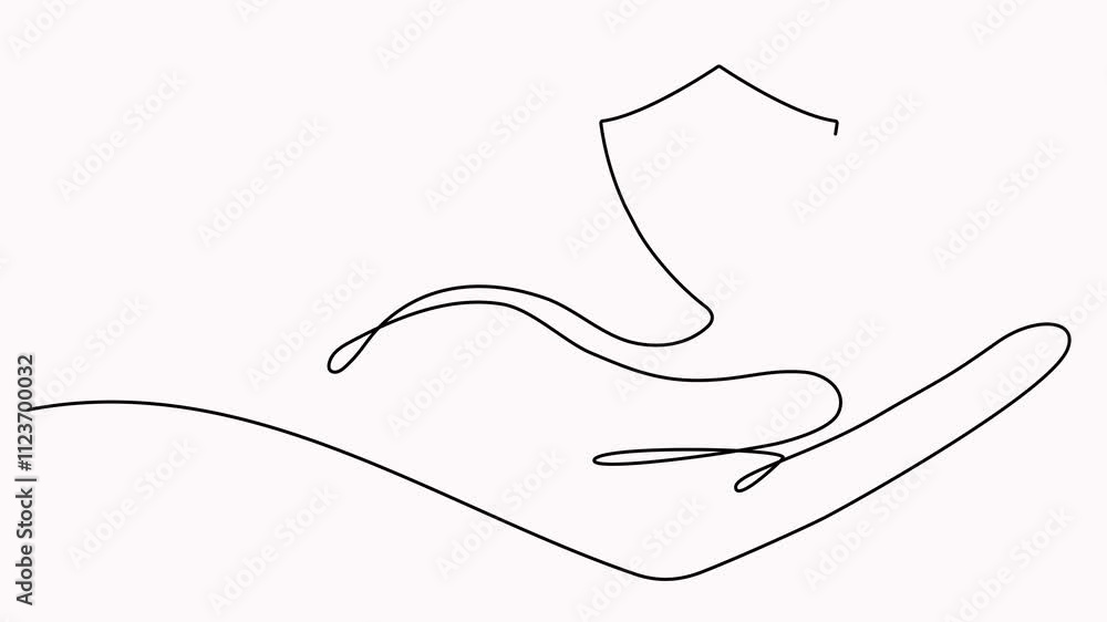 Poster animated hand holds shield badge continuous line drawn. protect linear symbol video. guard drawing s