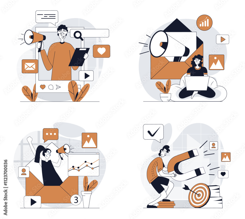 Aufkleber Digital marketing concept set in flat design for web. Collection with people with megaphones and magnets attracting new clients, doing advertising, online promotion with emails. Vector illustrations.
