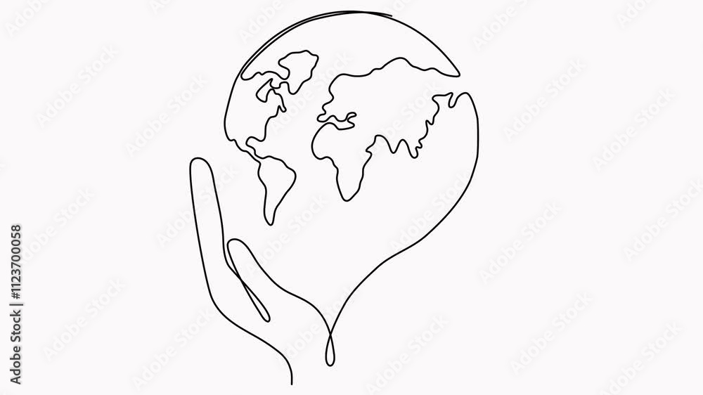 Poster animated hands hold earth globe continuous line drawing. save and protect planet concept animation.