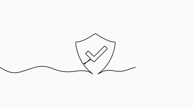 Shield with checkmark continuous line art animation. Protect linear symbol. Guard badge hand drawing sign animated video.