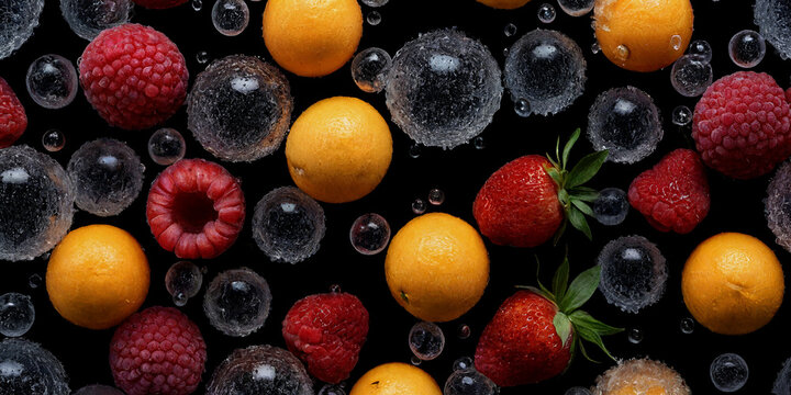 Himbeeren, Erdbeeren und kleine Zitrusfr&uuml;chte in gefrorenen Eiskugeln auf dunklem Hintergrund &ndash; Farbenfrohe Beerenkomposition