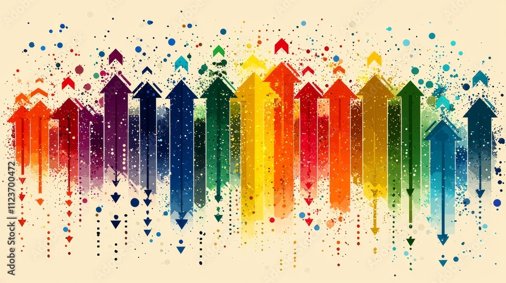 Poster vibrant and lively progress graph displays multiple colorful arrows pointing upward representing var