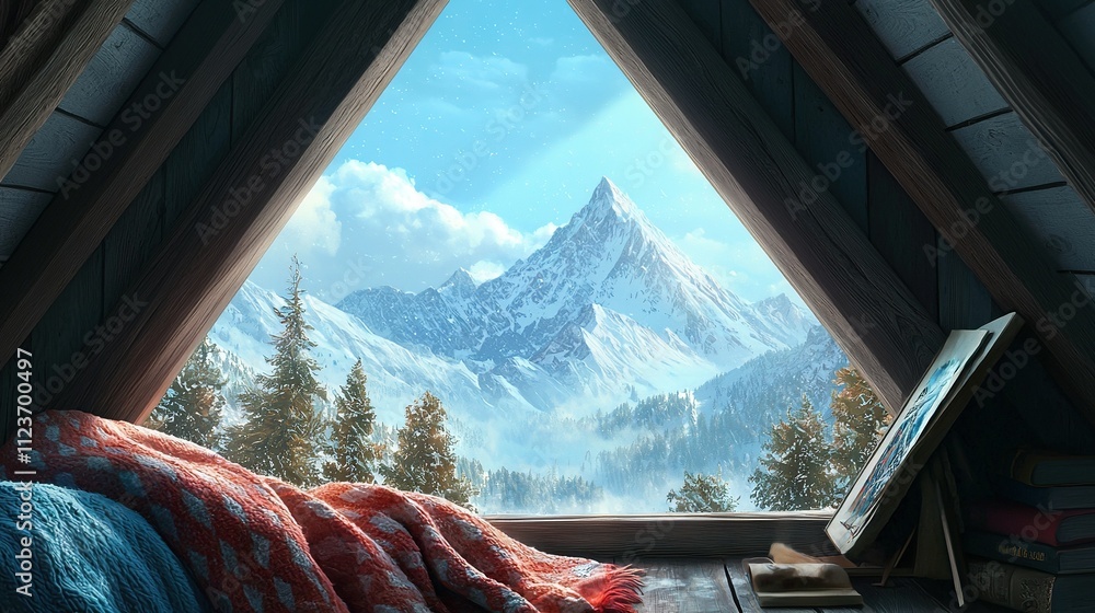 Poster a snowy mountain view from a window with a comforter on the bed and a painting on the sill