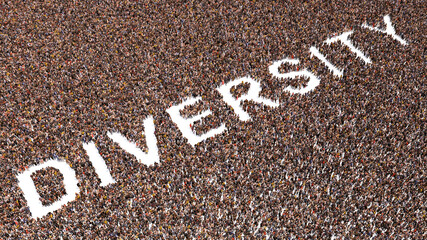Concept or conceptual large community of people forming DIVERSITY message. 3d illustration metaphor to multiracial, multiethnic, community, teamwork, friendship, tolerance, inclusion and respect