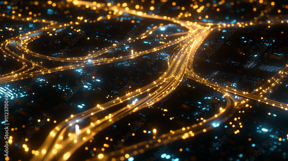 Poster a bird's-eye view of a city illuminated by golden and blue lights, with glowing pathways representin