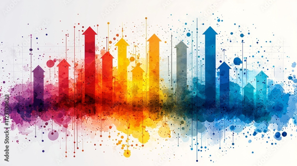 Poster dynamic graph features overlapping arrows rainbow gradients white background symbolizing various aspects growth. design lively and engaging suitable creative content.