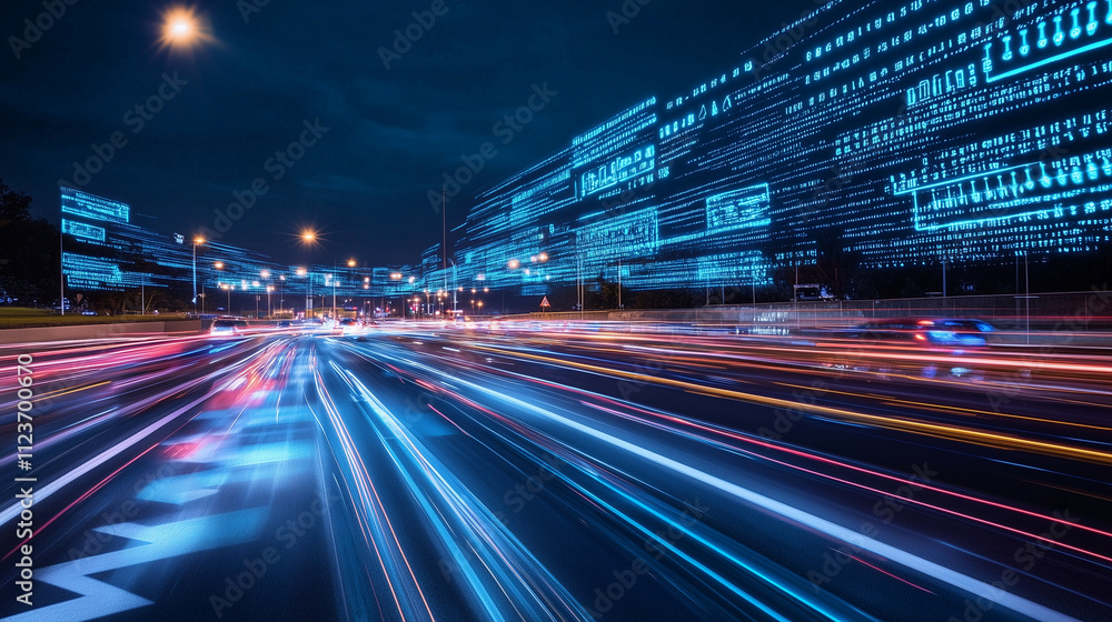 Poster a futuristic highway intersection at night, captured with colorful light trails and holographic proj
