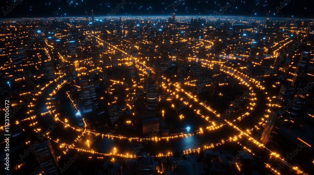 Poster a bird's-eye view of a city illuminated by golden and blue lights, with glowing pathways representin