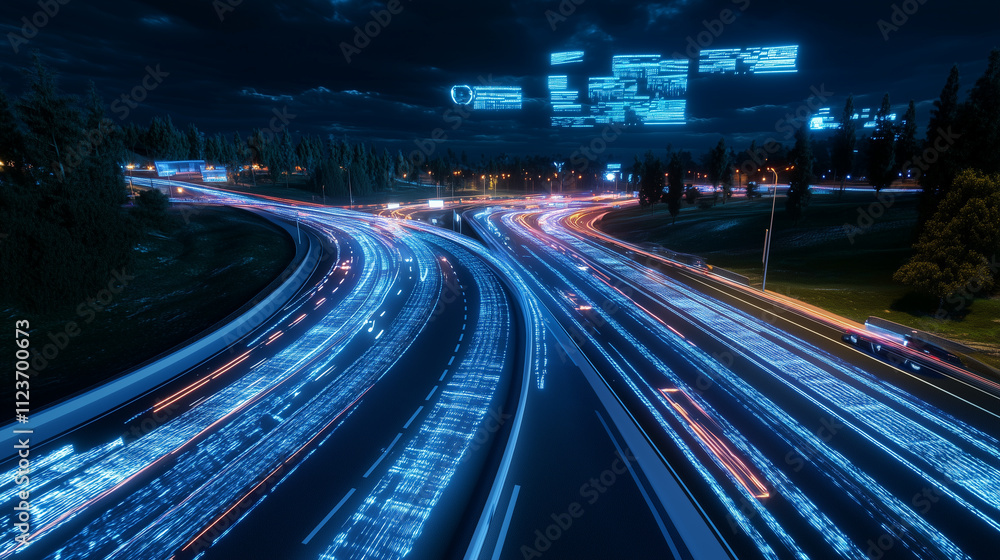 Poster a futuristic highway intersection at night, captured with colorful light trails and holographic proj