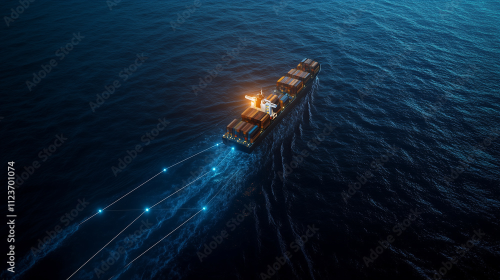 Poster a bird's-eye view of a cargo ship in open waters, with virtual security checkpoints and trade route 