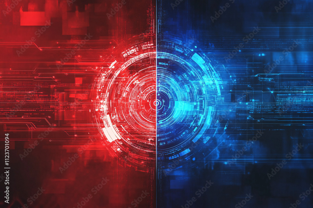 Poster futuristic split interface with contrasting red and blue glowing elements creating a balanced high-tech digital design
