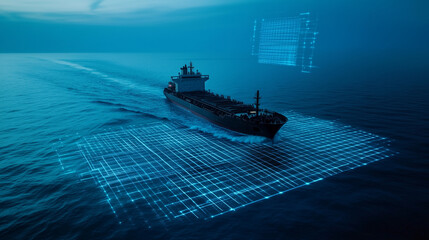A futuristic cargo vessel equipped with advanced radar systems sailing through open waters, highlighted by holographic security grids in the air