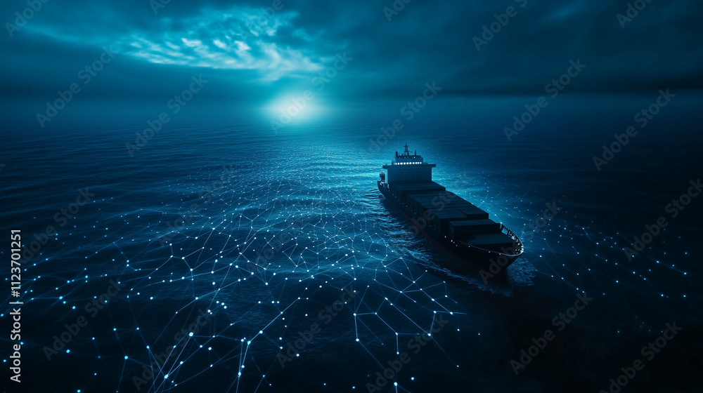 Poster a high-tech maritime scene with a cargo ship traveling through a digitally overlaid security network