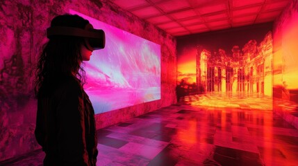 Person in VR headset viewing vibrant, digital art.