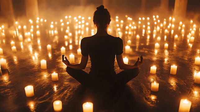 A person meditating peacefully among candles, with a serene expression that conveys a sense of harmony and tranquility.